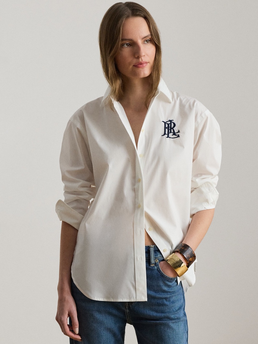 Ralph Lauren White Button-Down Blouse with Navy RL Monogram